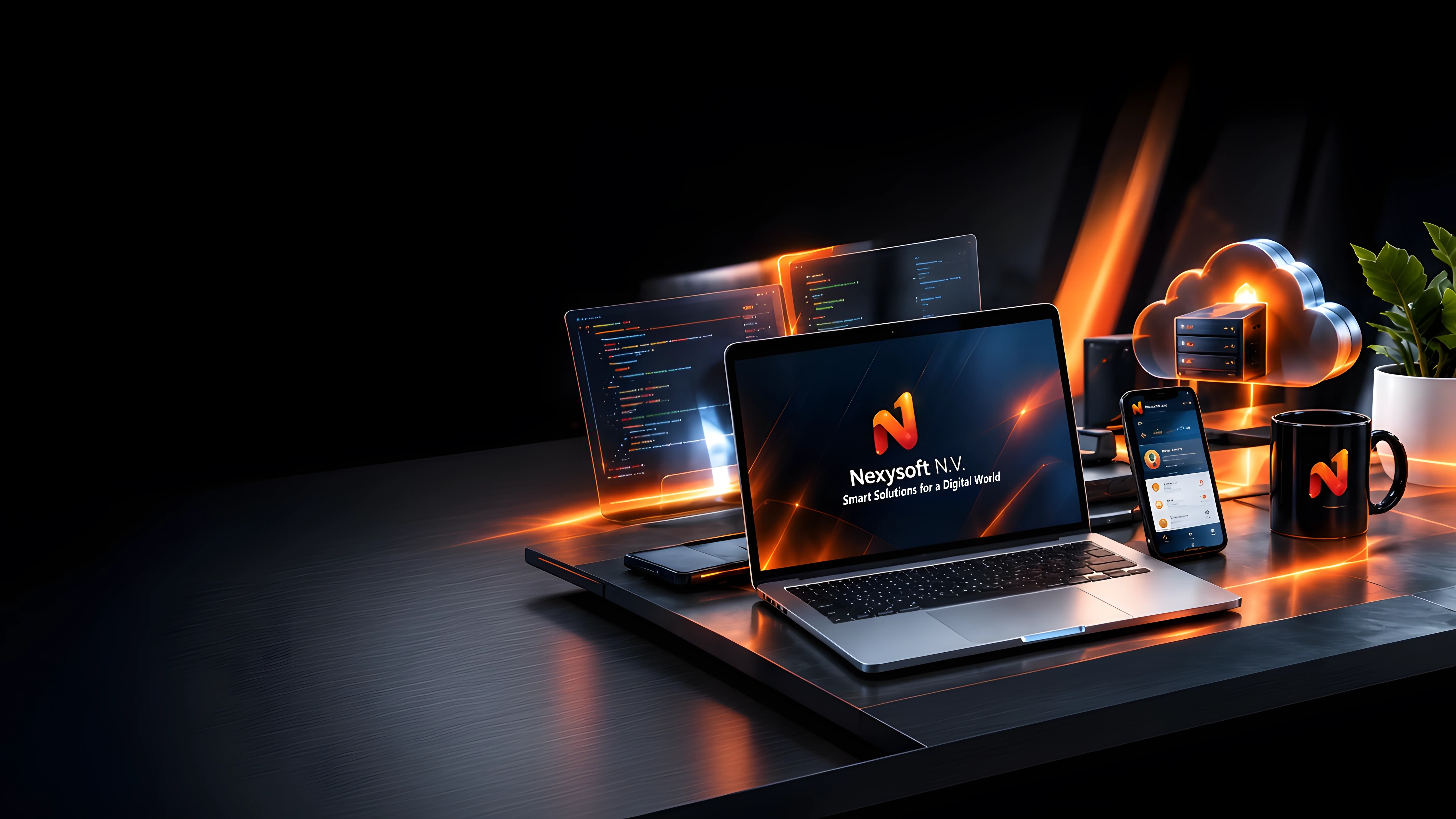 Werkplek van Nexysoft met laptop, telefoon en cloud
